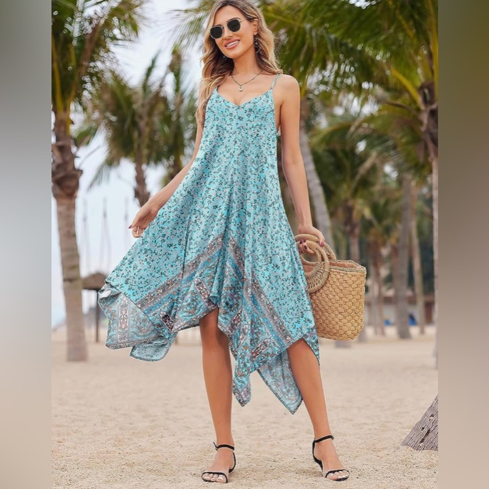 Chigant Sundress Midi Vacation Dress Floral Print Blue Color Size M Brand New